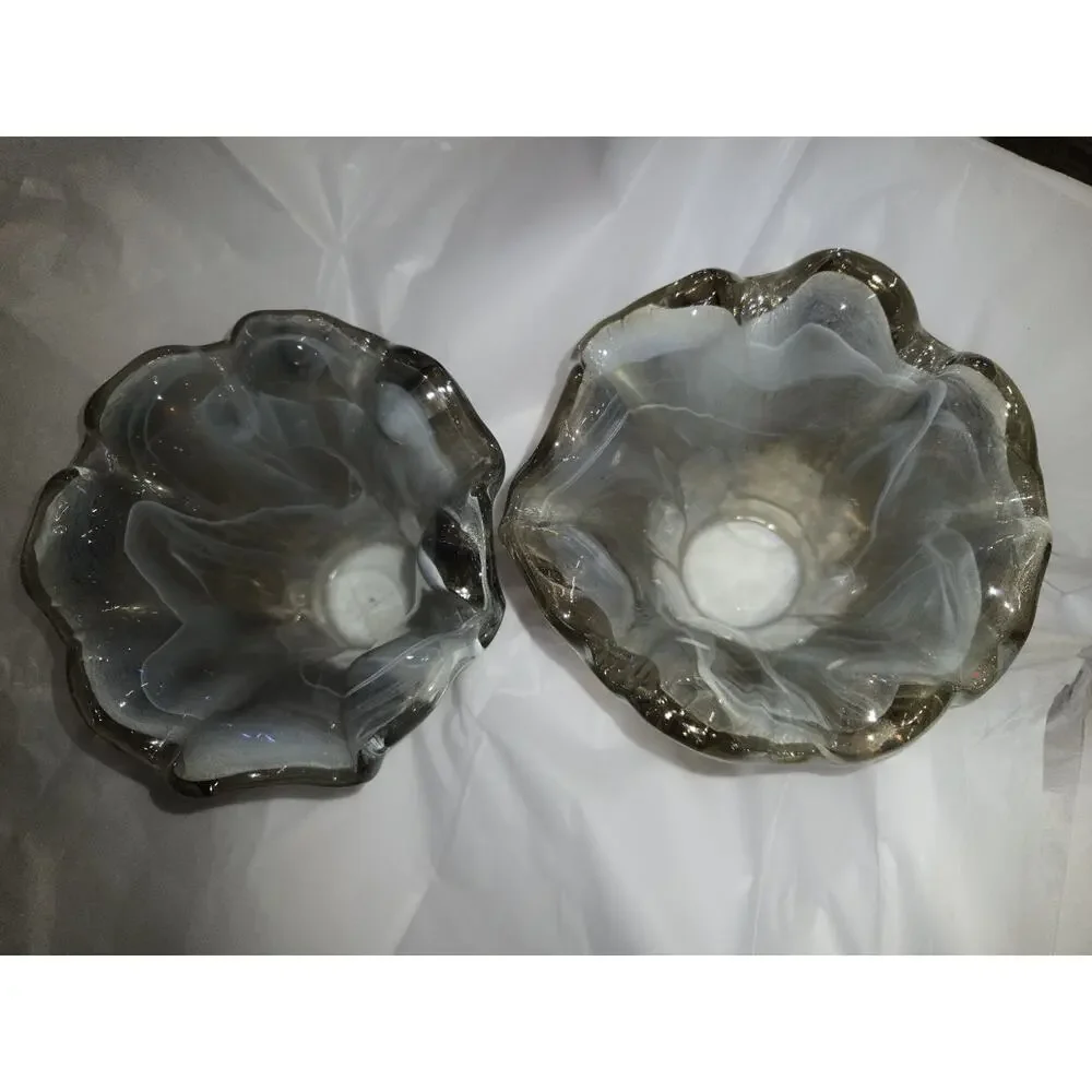 Vintage Italian Art Glass Ruffled Candle Holders Pair Smoke Gray Tammaro